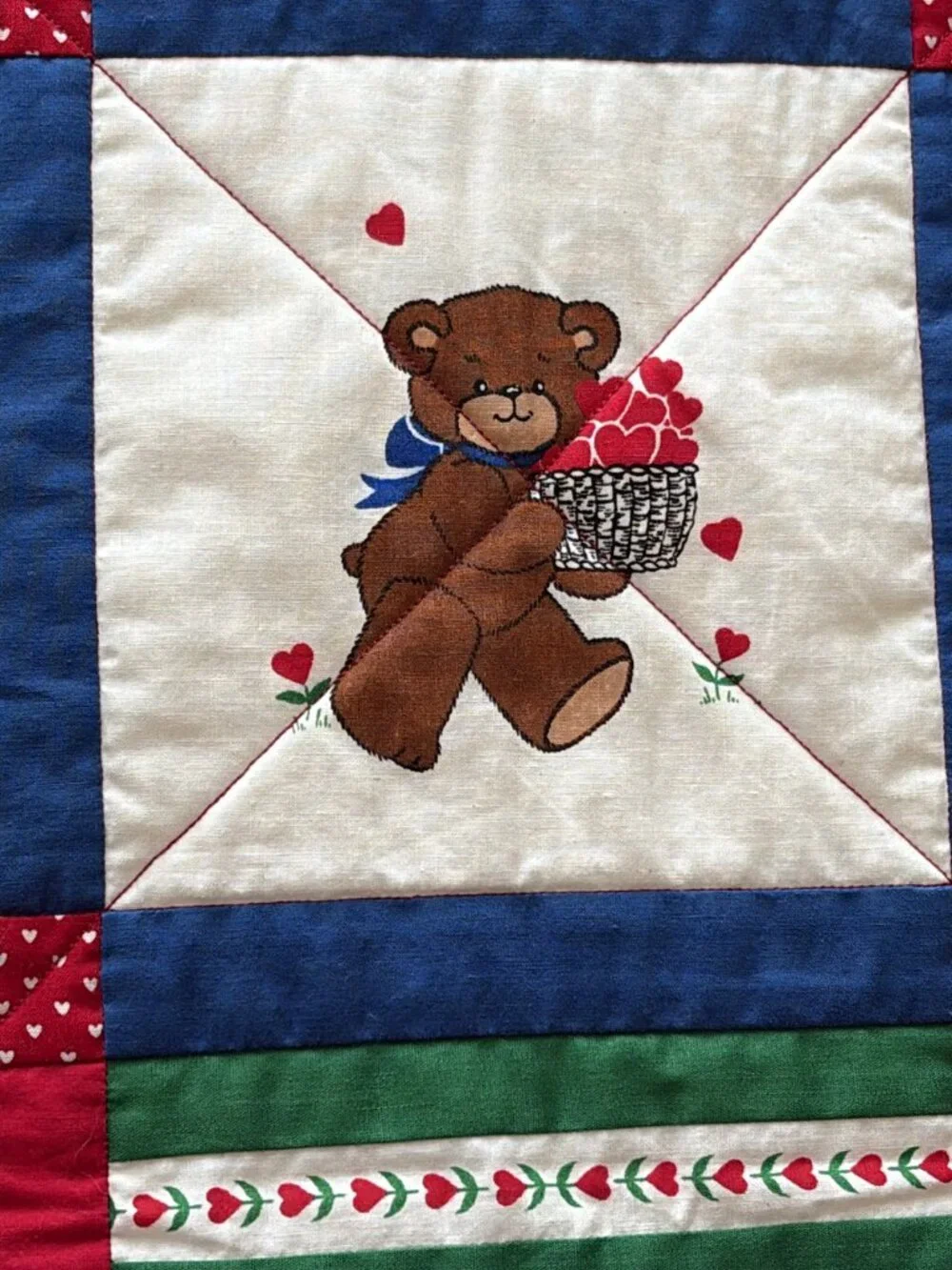 Handmade Quilted Throw Teddy Bear Heart Valentine Squares Cornerstones Nursery